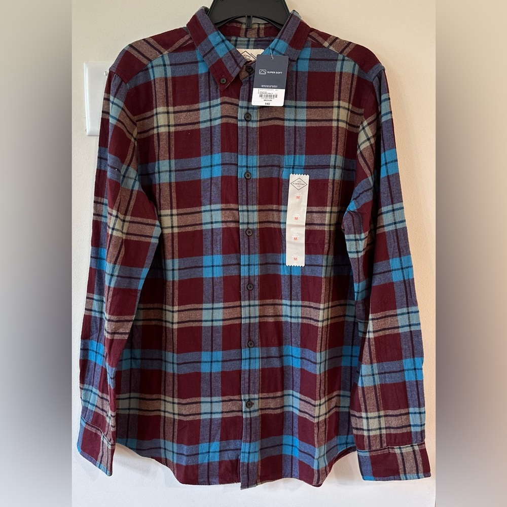 St Johns Bay Men’s Burguny Multi Plaid Button Down Flannel Shirt NWT Siz…